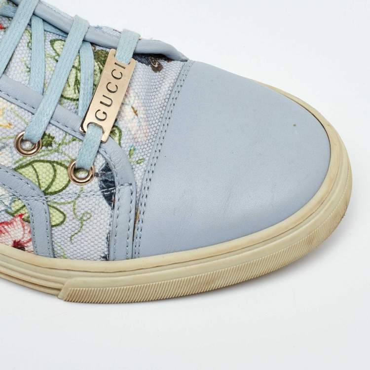 Pre Owned Gucci Grey Leather and Floral Print Canvas High Top Sneakers Size 39