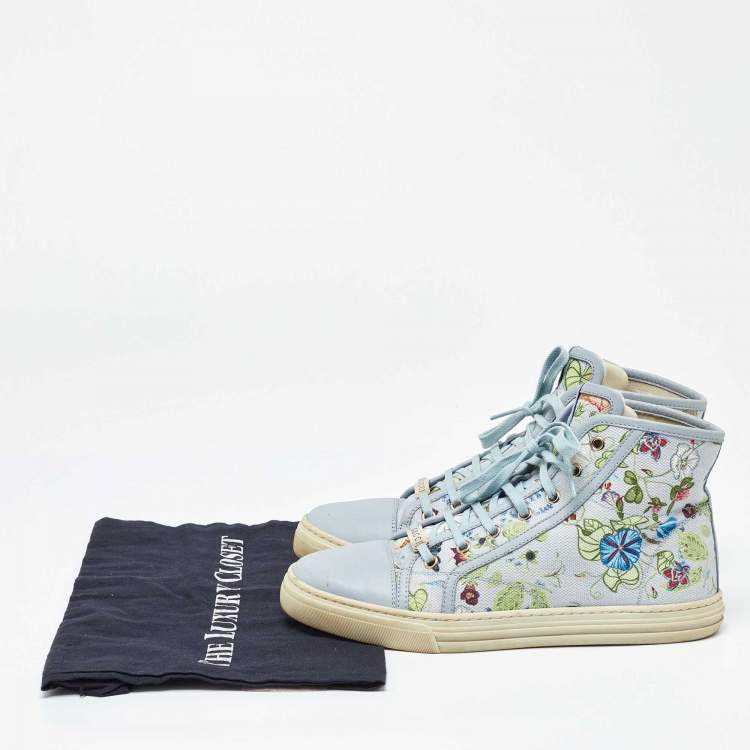 Pre Owned Gucci Grey Leather and Floral Print Canvas High Top Sneakers Size 39