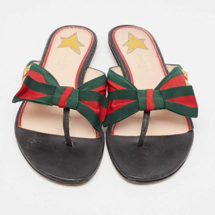 Pre Owned Gucci Red/Green Web Canvas Star Bow Flat Slides Size 37.5