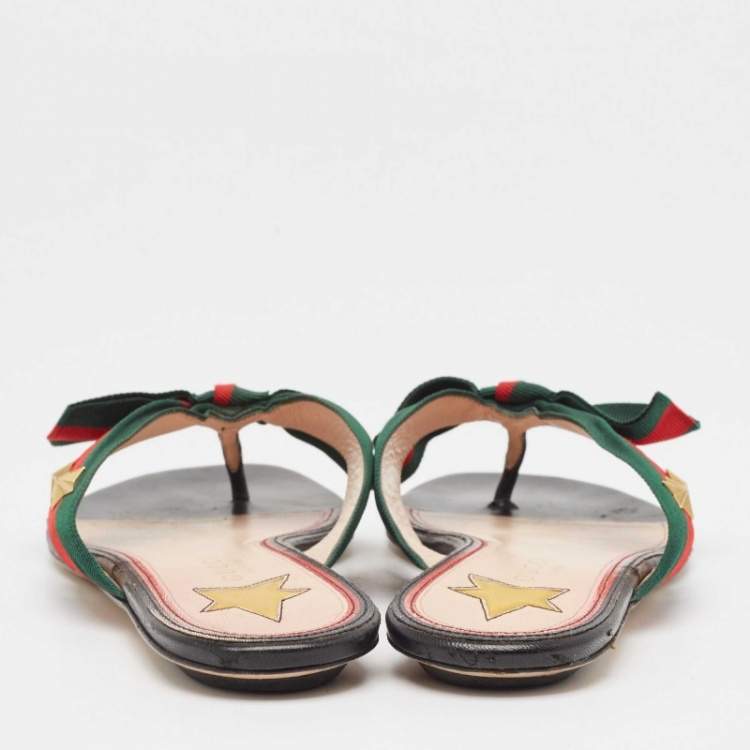 Pre Owned Gucci Red/Green Web Canvas Star Bow Flat Slides Size 37.5
