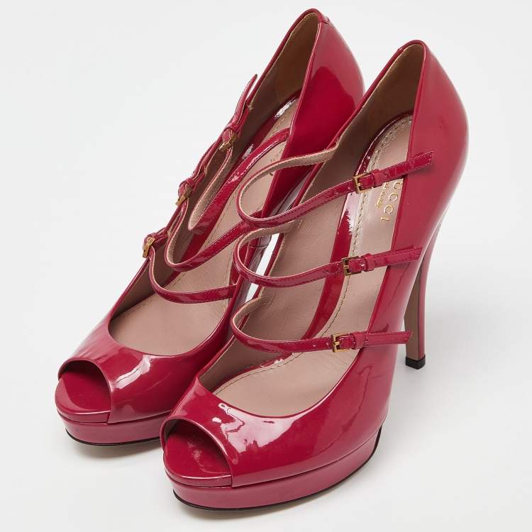 Pre Owned Gucci Pink Patent Leather Buckle Strappy Peep Toe Platform Pumps Size 40