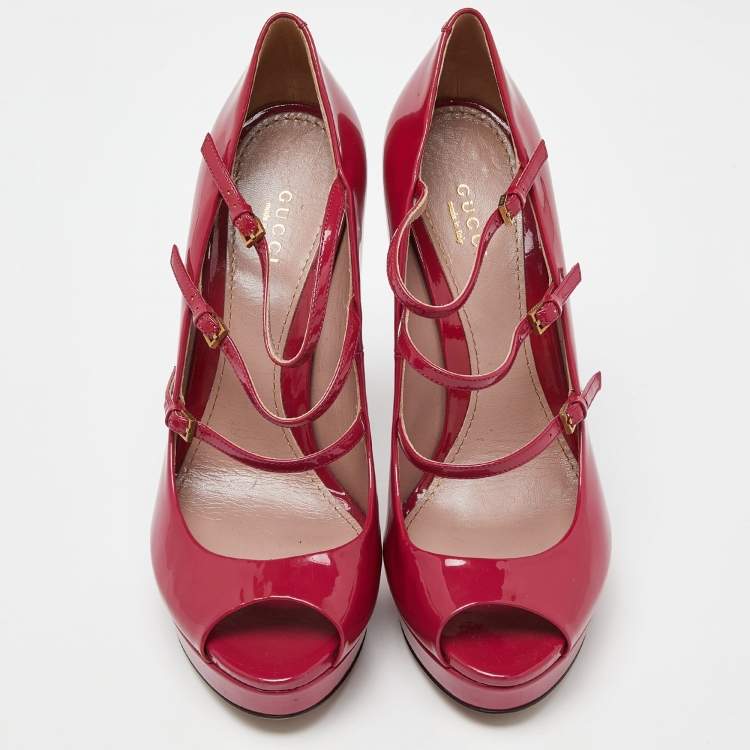 Pre Owned Gucci Pink Patent Leather Buckle Strappy Peep Toe Platform Pumps Size 40