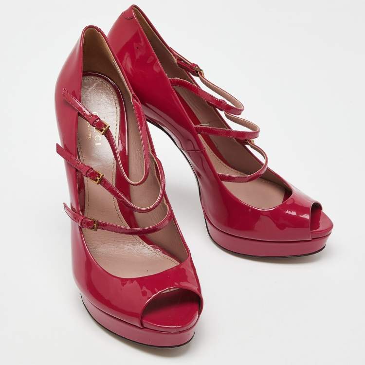 Pre Owned Gucci Pink Patent Leather Buckle Strappy Peep Toe Platform Pumps Size 40