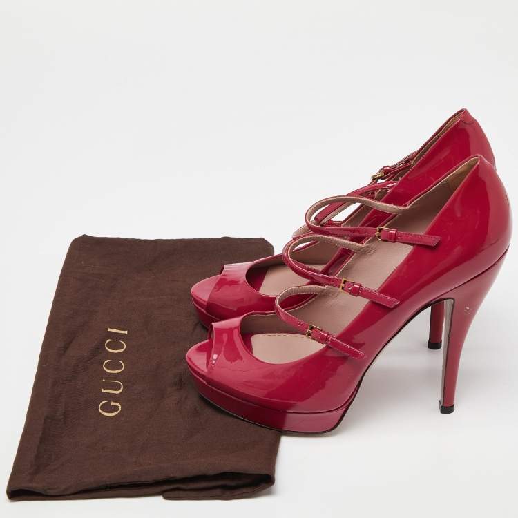 Pre Owned Gucci Pink Patent Leather Buckle Strappy Peep Toe Platform Pumps Size 40