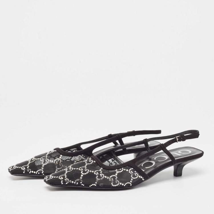 Pre Owned Gucci Black Mesh and Suede GG Crystal Slingback Pumps Size 36.5