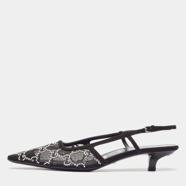 Pre Owned Gucci Black Mesh and Suede GG Crystal Slingback Pumps Size 36.5