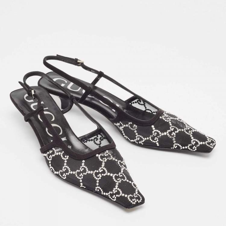 Pre Owned Gucci Black Mesh and Suede GG Crystal Slingback Pumps Size 36.5