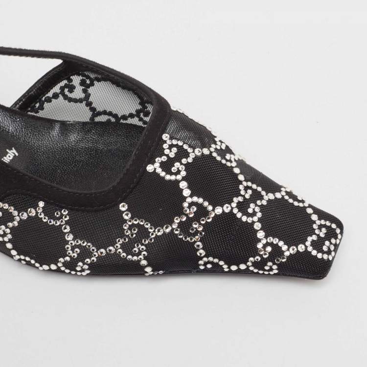Pre Owned Gucci Black Mesh and Suede GG Crystal Slingback Pumps Size 36.5