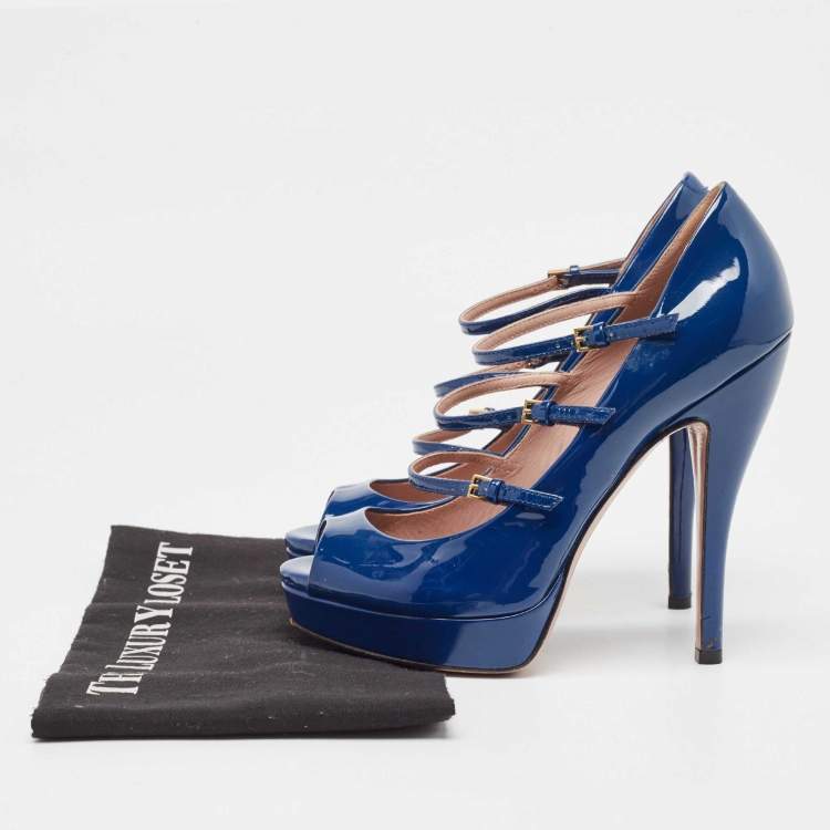 Pre Owned Gucci Blue Patent Leather Lisbeth Pumps Size 37.5