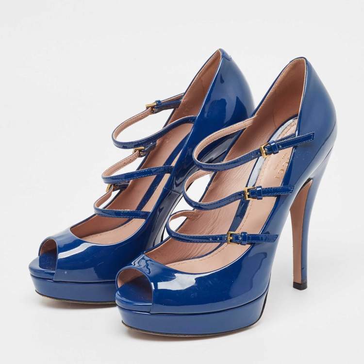 Pre Owned Gucci Blue Patent Leather Lisbeth Pumps Size 37.5