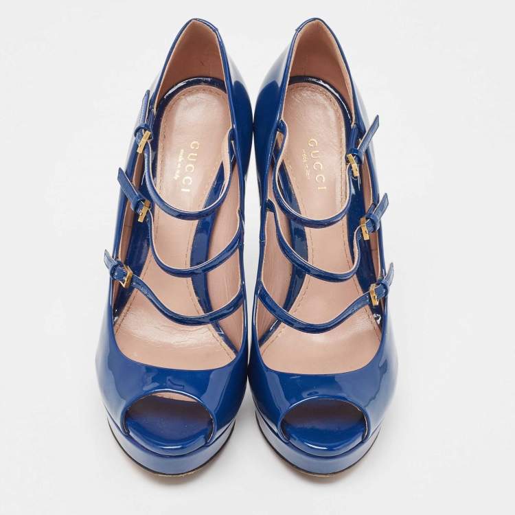 Pre Owned Gucci Blue Patent Leather Lisbeth Pumps Size 37.5