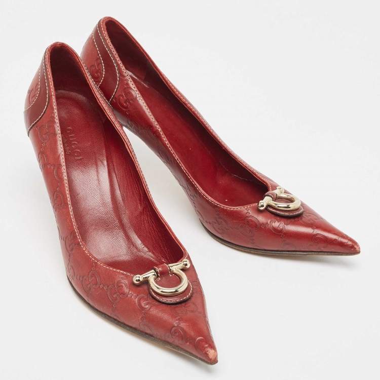 Pre Owned Gucci Red Guccissima Leather Icon Bit Pointed Toe Pumps Size 36.5