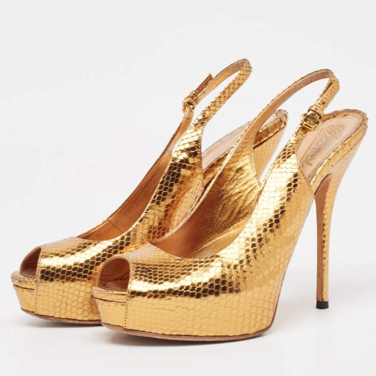 Pre Owned Gucci Metallic Embossed Snakeskin Sofia Peep Toe Singback Pumps Size 37.5