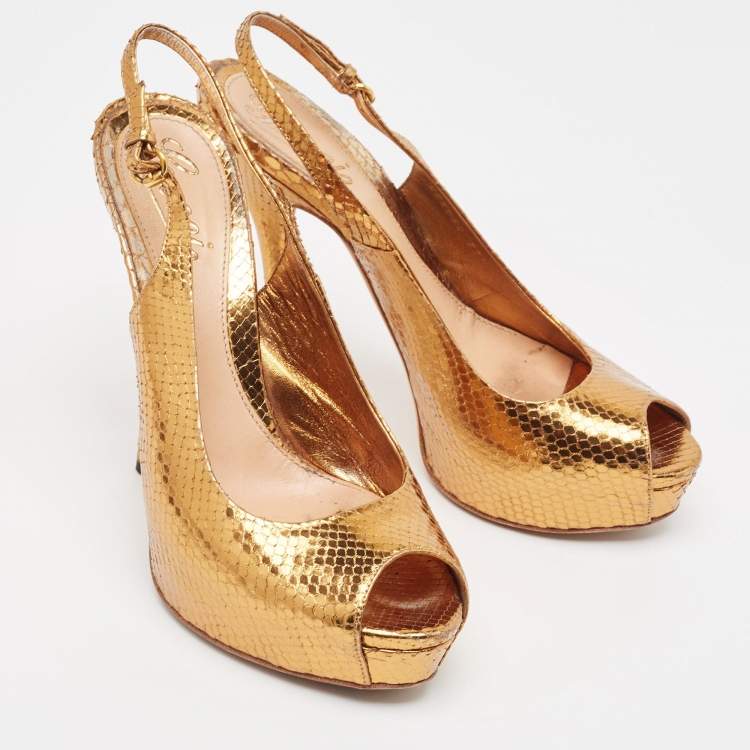 Pre Owned Gucci Metallic Embossed Snakeskin Sofia Peep Toe Singback Pumps Size 37.5