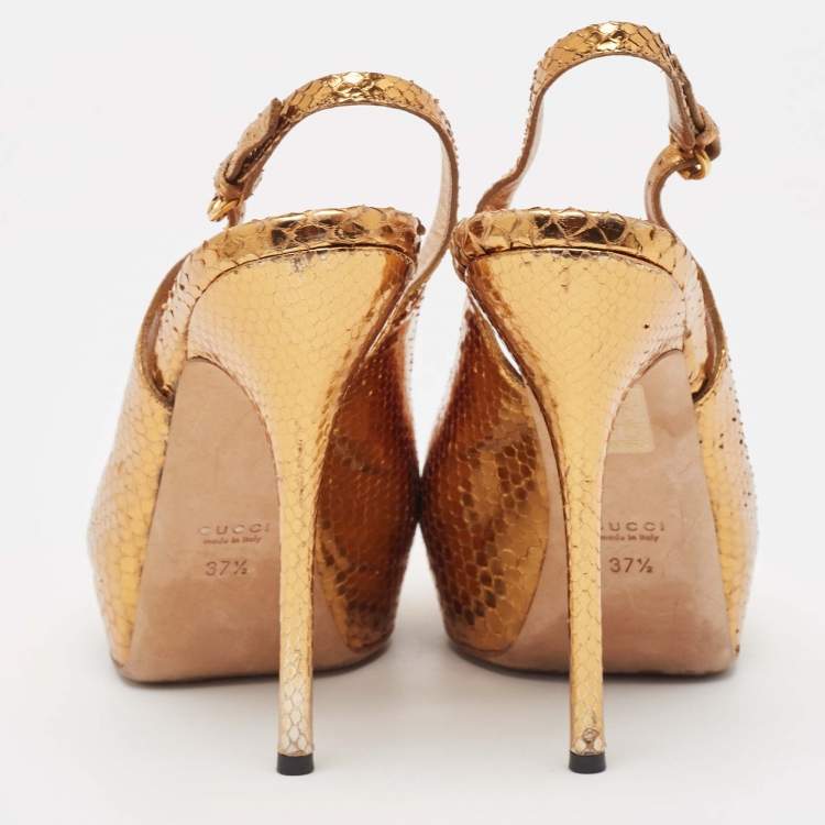 Pre Owned Gucci Metallic Embossed Snakeskin Sofia Peep Toe Singback Pumps Size 37.5