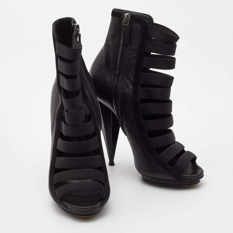 Pre Owned Gucci Black Leather Elastic Olimpia Open Toe Booties Size 37