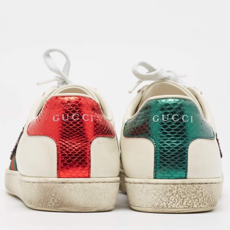 Pre Owned Gucci White Leather and Snakeskin Ace Sneakers Size 38