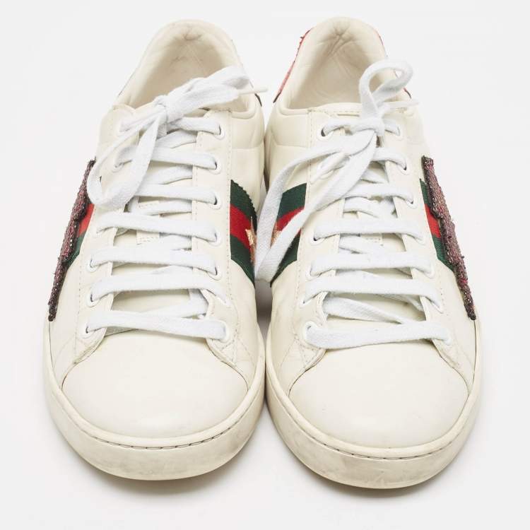 Pre Owned Gucci White Leather and Snakeskin Ace Sneakers Size 38
