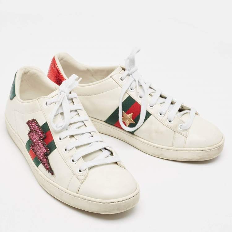 Pre Owned Gucci White Leather and Snakeskin Ace Sneakers Size 38