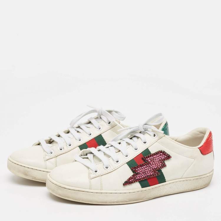 Pre Owned Gucci White Leather and Snakeskin Ace Sneakers Size 38