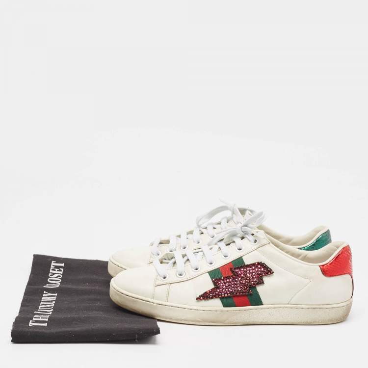 Pre Owned Gucci White Leather and Snakeskin Ace Sneakers Size 38