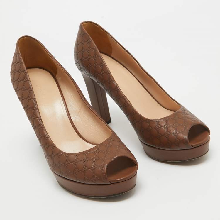 Pre Owned Gucci Brown Guccissima Leather Platform Peep Toe Pumps Size 39.5