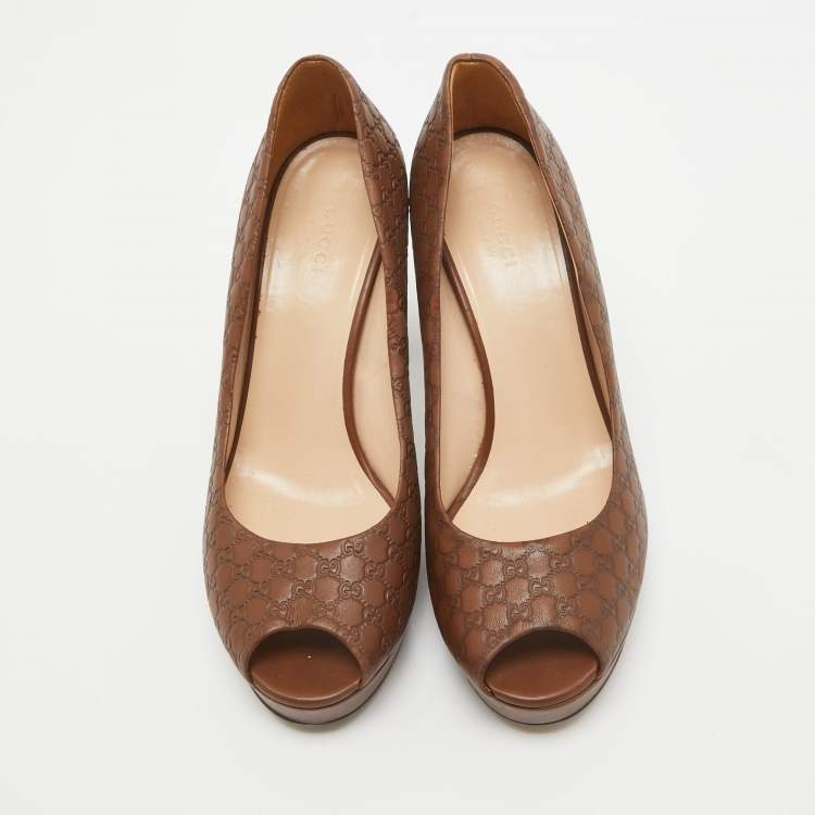 Pre Owned Gucci Brown Guccissima Leather Platform Peep Toe Pumps Size 39.5