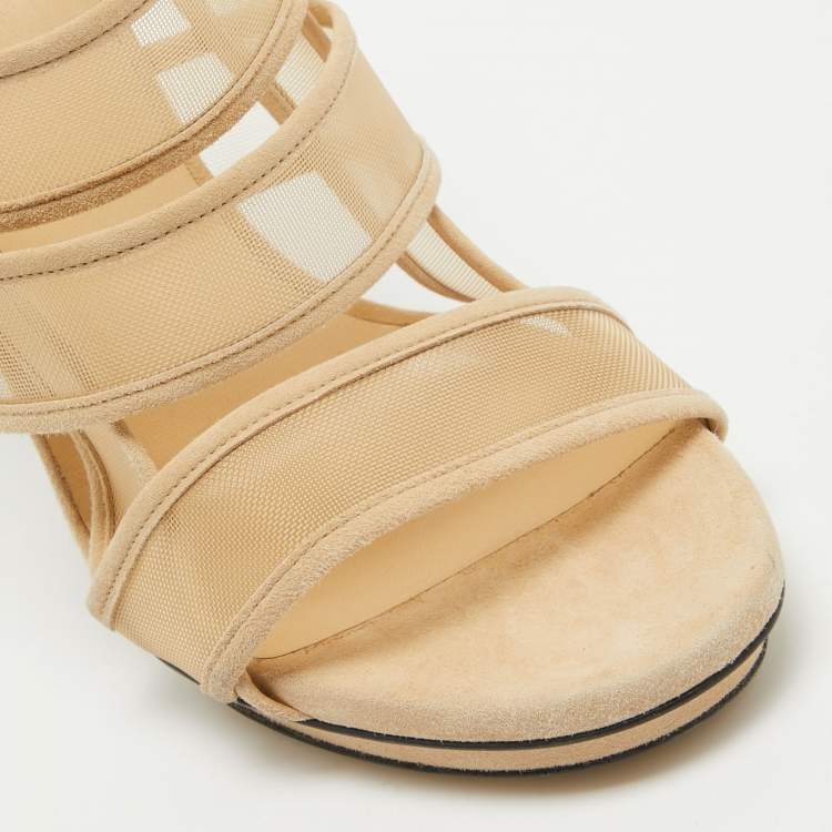 مملوكة مسبقًا Gucci Cream Suede and Mesh Ankle Strap Sandals Size 38.5
