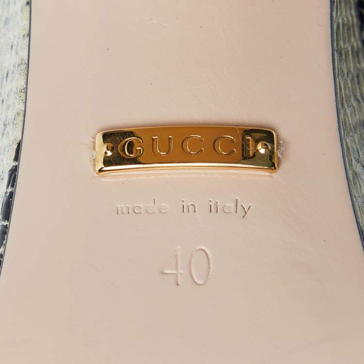 مملوكة مسبقًا Gucci Beige/Black Python Embossed Leather Horsebit Platform Ankle Strap Sandals 40