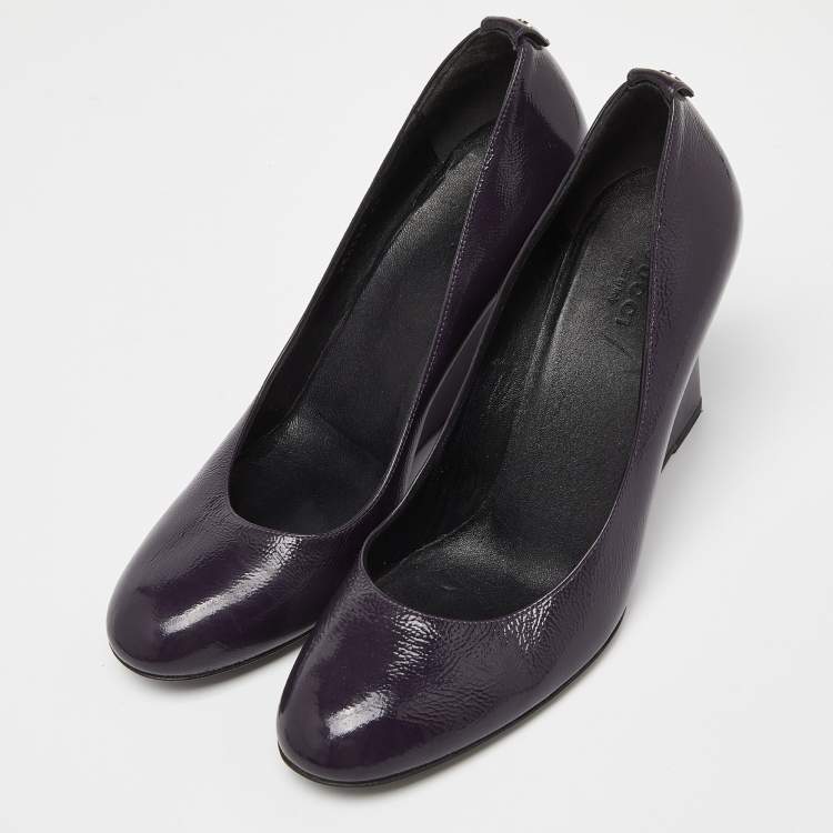 Pre Owned Gucci Purple Patent Leather Wedge Pumps Size 38