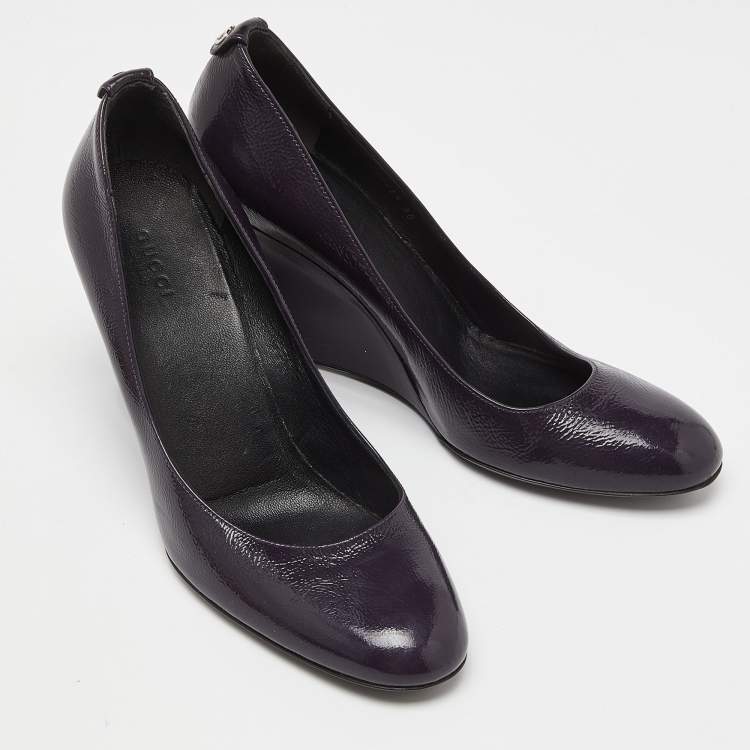 Pre Owned Gucci Purple Patent Leather Wedge Pumps Size 38