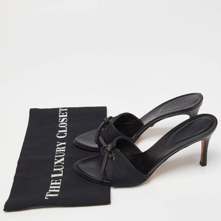 Gucci Black Monogram Canvas Bow Slide Sandals Size 36