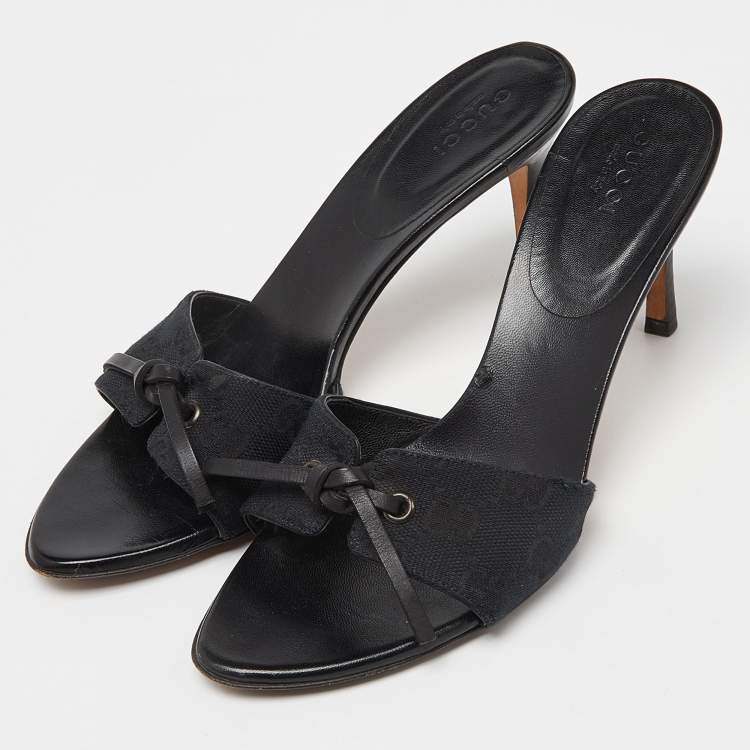 Gucci Black Monogram Canvas Bow Slide Sandals Size 36