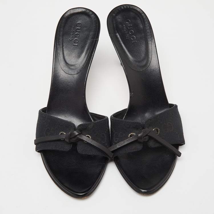 Gucci Black Monogram Canvas Bow Slide Sandals Size 36