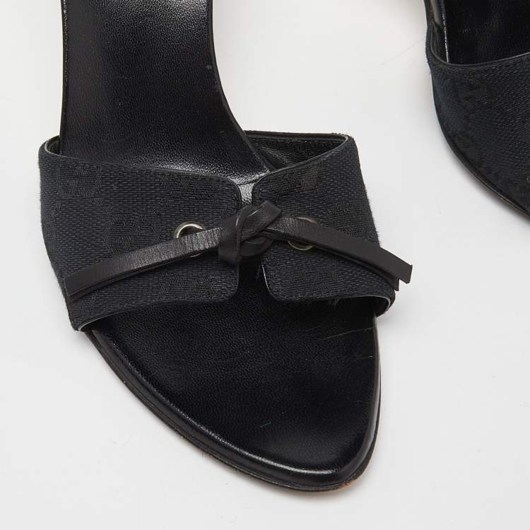 Gucci Black Monogram Canvas Bow Slide Sandals Size 36
