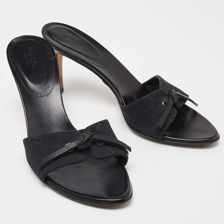 Gucci Black Monogram Canvas Bow Slide Sandals Size 36
