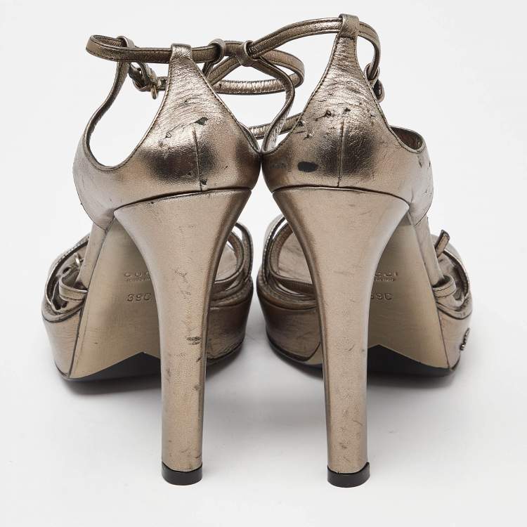 Pre Owned Gucci Metallic Leather Ankle Strap Platform Sandals Size 39