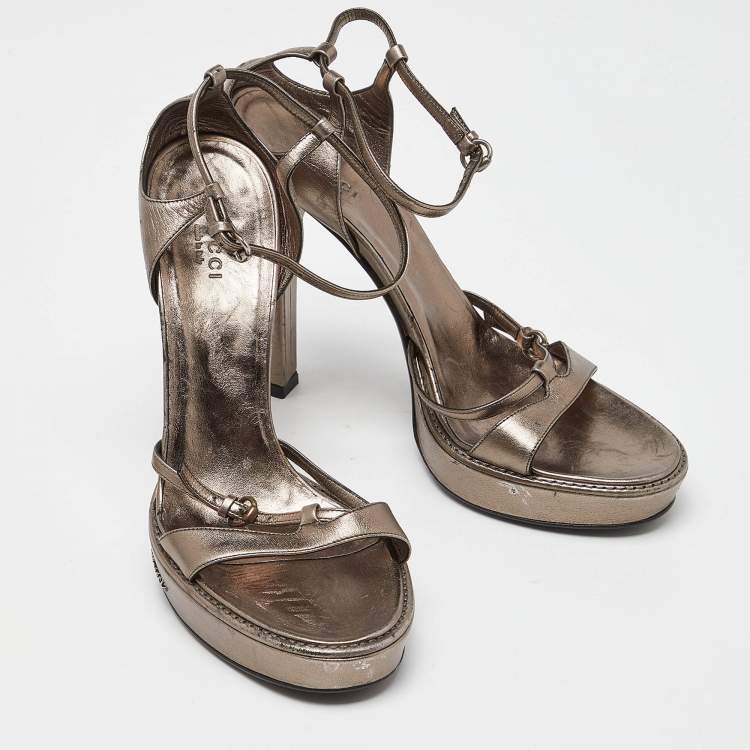 Pre Owned Gucci Metallic Leather Ankle Strap Platform Sandals Size 39