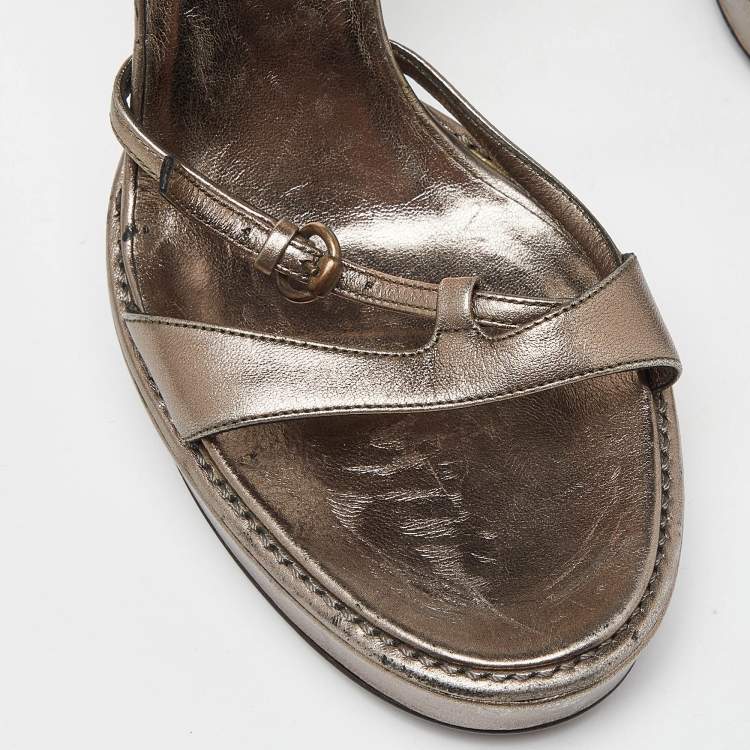 Pre Owned Gucci Metallic Leather Ankle Strap Platform Sandals Size 39