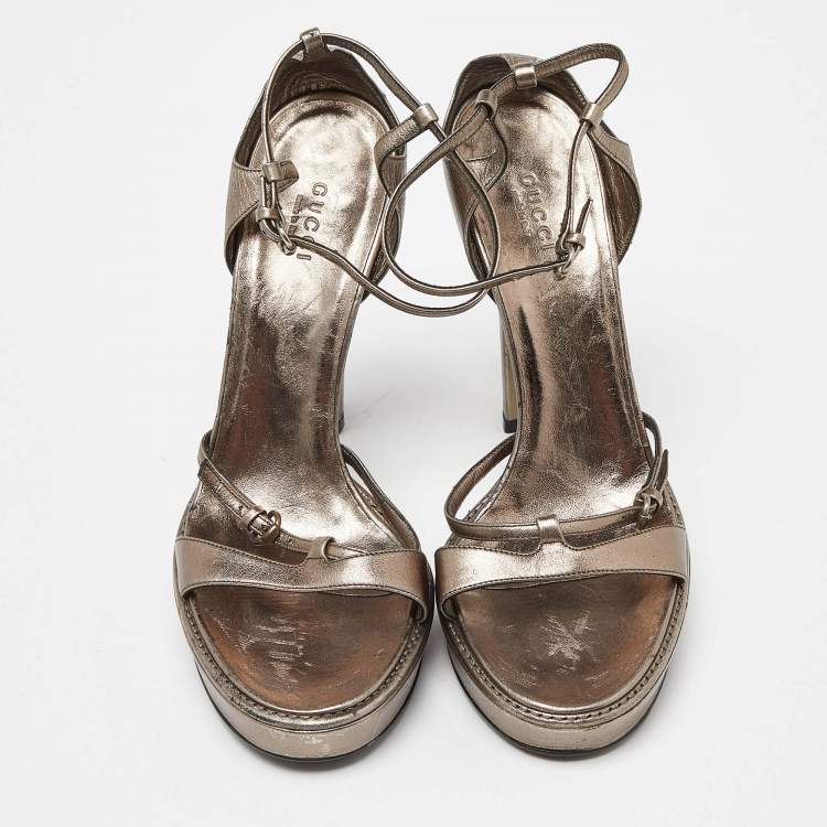 Pre Owned Gucci Metallic Leather Ankle Strap Platform Sandals Size 39