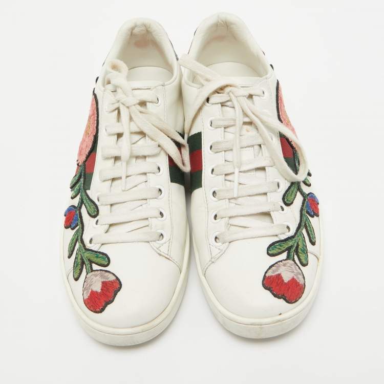 Pre Owned Gucci White Floral Embroidered Leather Ace Low Top Sneakers Size 37