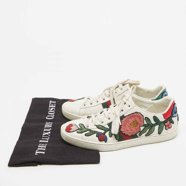 Pre Owned Gucci White Floral Embroidered Leather Ace Low Top Sneakers Size 37