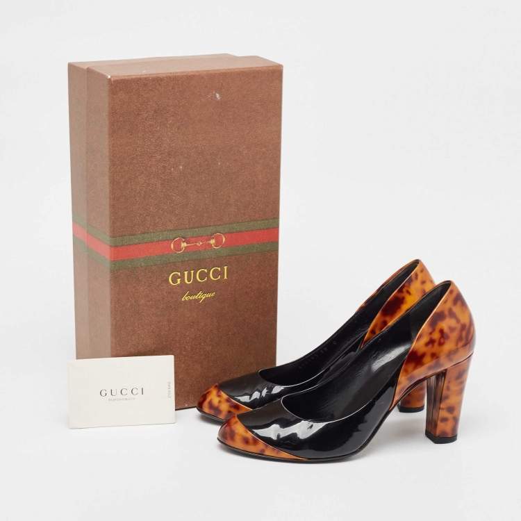 Pre Owned Gucci Black/Brown Tortoise Patent Leather Round Toe Pumps Size 38