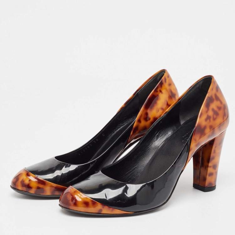 Pre Owned Gucci Black/Brown Tortoise Patent Leather Round Toe Pumps Size 38