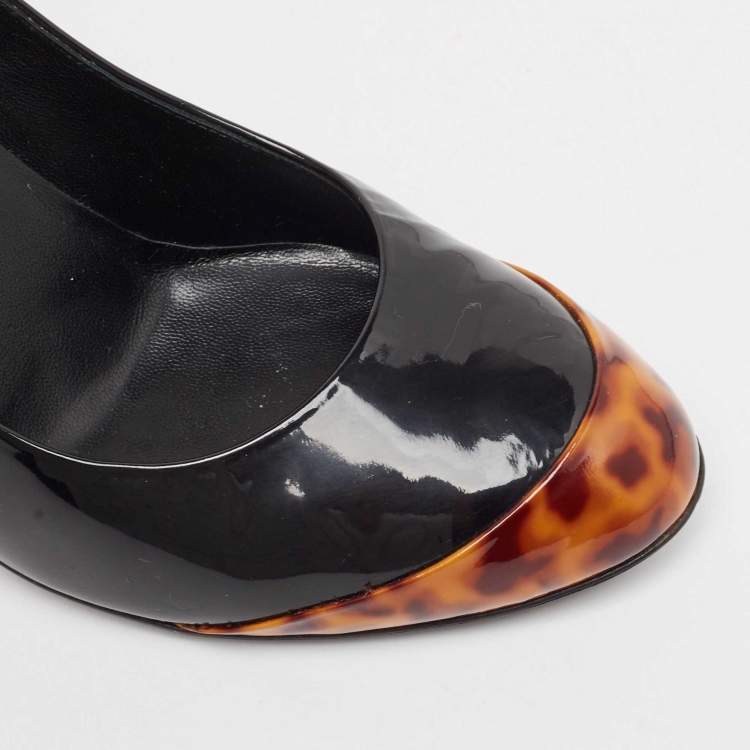 Pre Owned Gucci Black/Brown Tortoise Patent Leather Round Toe Pumps Size 38