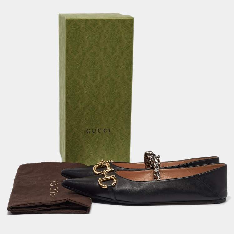 Pre Owned Gucci Black Leather Horsebit Collapsable Ballet Flats Size 41