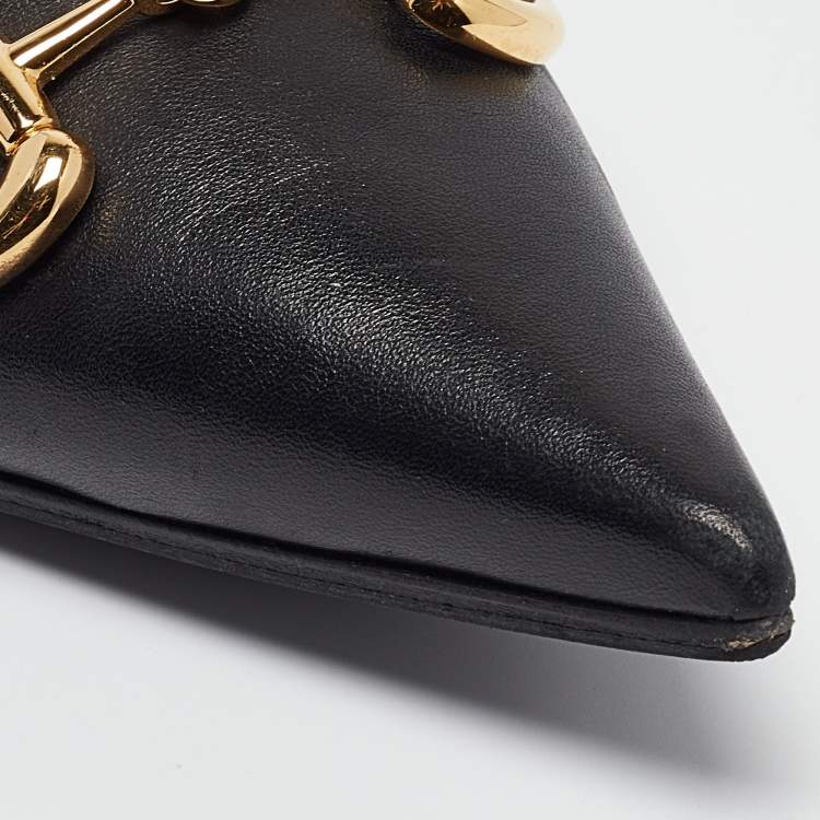 Pre Owned Gucci Black Leather Horsebit Collapsable Ballet Flats Size 41