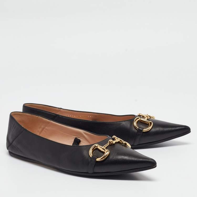 Pre Owned Gucci Black Leather Horsebit Collapsable Ballet Flats Size 41