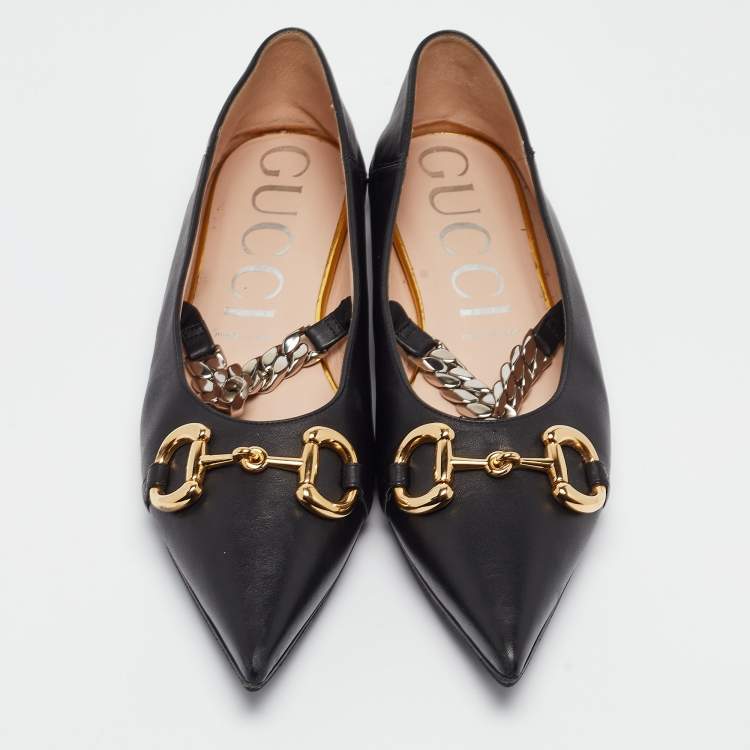 Pre Owned Gucci Black Leather Horsebit Collapsable Ballet Flats Size 41