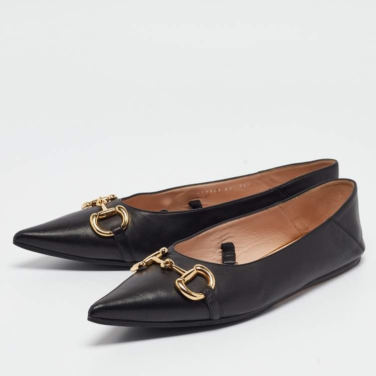 Pre Owned Gucci Black Leather Horsebit Collapsable Ballet Flats Size 41